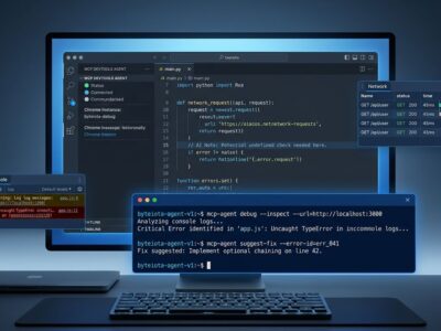 Developer workspace showing Chrome DevTools MCP integration with AI coding assistant, terminal window with debugging commands, and monitoring panels
