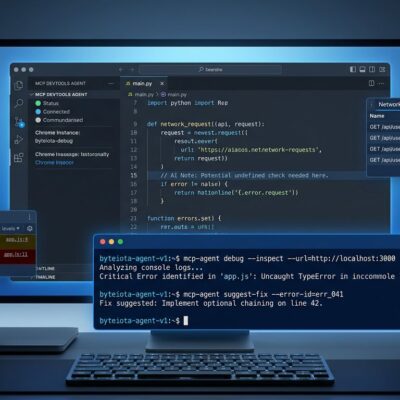 Developer workspace showing Chrome DevTools MCP integration with AI coding assistant, terminal window with debugging commands, and monitoring panels