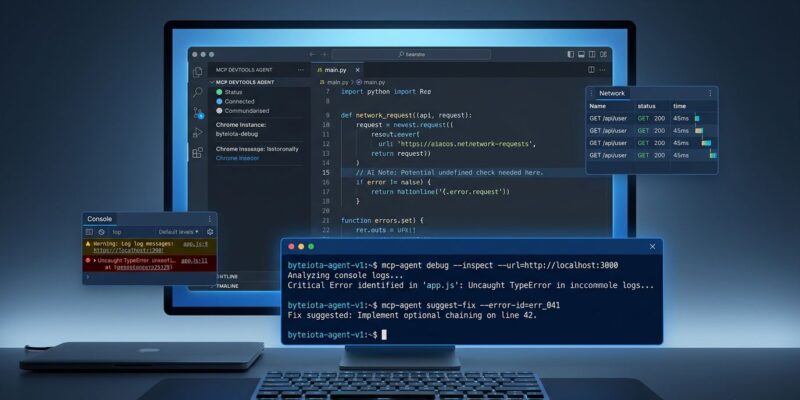 Developer workspace showing Chrome DevTools MCP integration with AI coding assistant, terminal window with debugging commands, and monitoring panels