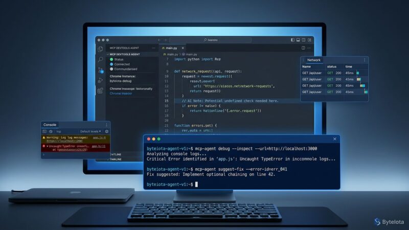 Developer workspace showing Chrome DevTools MCP integration with AI coding assistant, terminal window with debugging commands, and monitoring panels