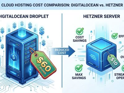 Split-screen comparison showing DigitalOcean server with dollar signs versus Hetzner server with cost savings checkmarks