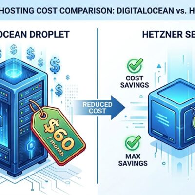 Split-screen comparison showing DigitalOcean server with dollar signs versus Hetzner server with cost savings checkmarks