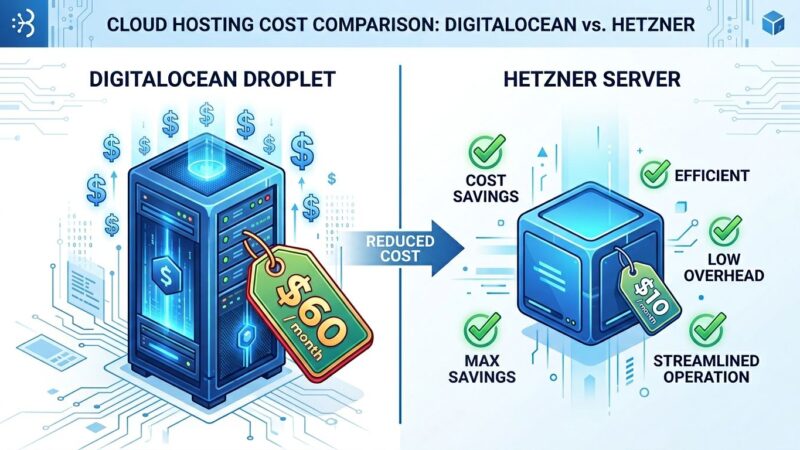Split-screen comparison showing DigitalOcean server with dollar signs versus Hetzner server with cost savings checkmarks