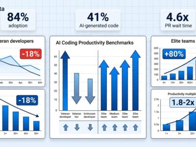 Data visualization dashboard showing AI coding productivity benchmarks with mixed results across developer experience levels