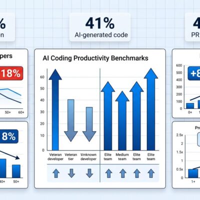 Data visualization dashboard showing AI coding productivity benchmarks with mixed results across developer experience levels