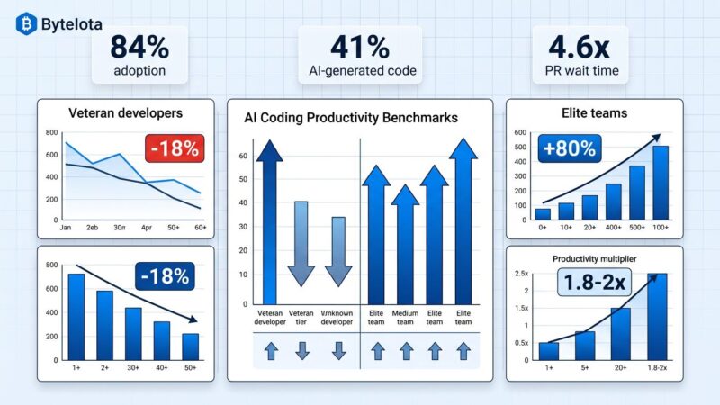 Data visualization dashboard showing AI coding productivity benchmarks with mixed results across developer experience levels
