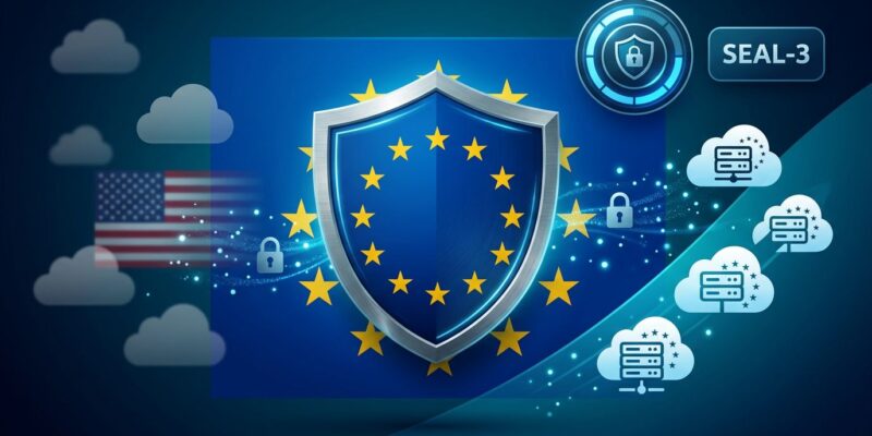 EU sovereign cloud announcement showing European flag with SEAL-3 sovereignty badge and data control transfer from US to EU providers