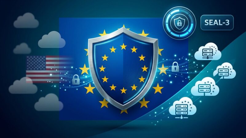 EU sovereign cloud announcement showing European flag with SEAL-3 sovereignty badge and data control transfer from US to EU providers