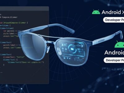 Smart glasses with Android XR SDK developer interface showing Jetpack Compose Glimmer UI components and Developer Preview 4 badge