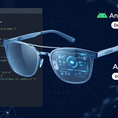 Smart glasses with Android XR SDK developer interface showing Jetpack Compose Glimmer UI components and Developer Preview 4 badge