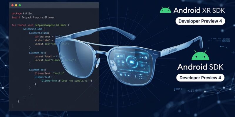 Smart glasses with Android XR SDK developer interface showing Jetpack Compose Glimmer UI components and Developer Preview 4 badge