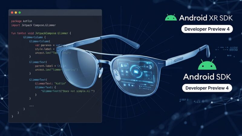 Smart glasses with Android XR SDK developer interface showing Jetpack Compose Glimmer UI components and Developer Preview 4 badge