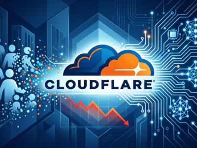 Cloudflare logo with AI circuit patterns and workforce transformation visualization