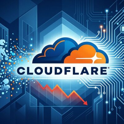 Cloudflare logo with AI circuit patterns and workforce transformation visualization