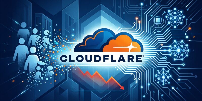 Cloudflare logo with AI circuit patterns and workforce transformation visualization