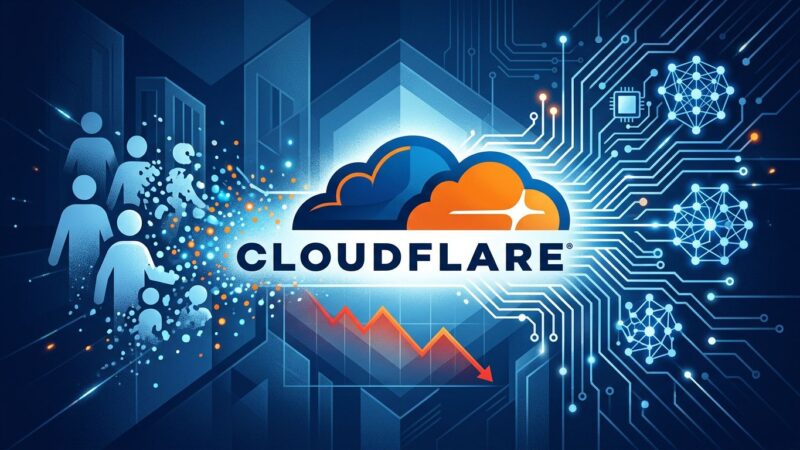 Cloudflare logo with AI circuit patterns and workforce transformation visualization