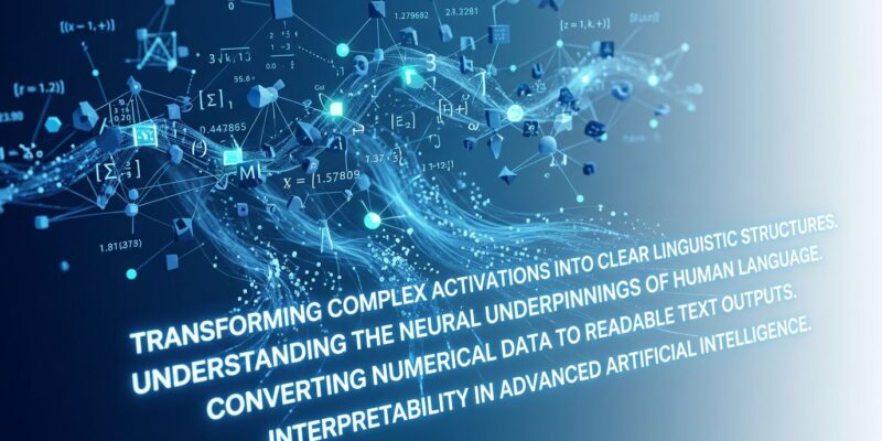Abstract visualization of AI model activations transforming into human-readable text, representing Anthropic's Natural Language Autoencoders breakthrough