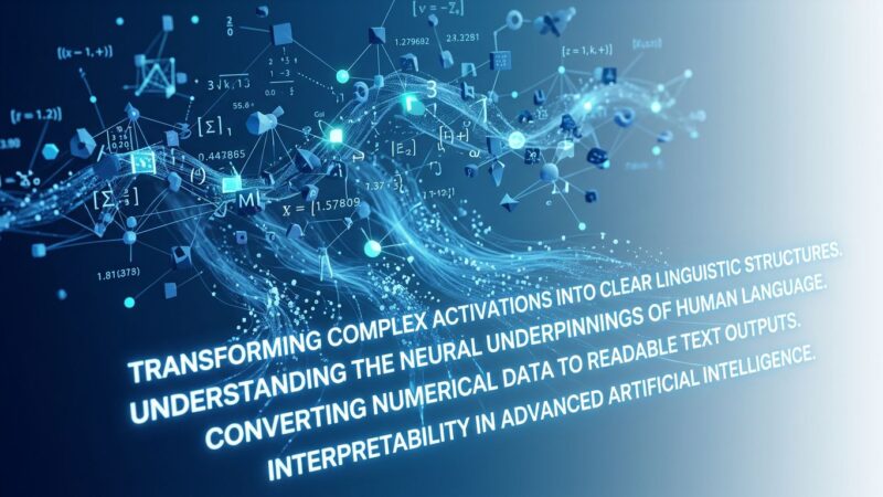 Abstract visualization of AI model activations transforming into human-readable text, representing Anthropic's Natural Language Autoencoders breakthrough