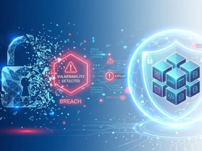 Abstract visualization of container security breach showing protected and vulnerable containers with digital particles representing CVE-2026-31431 Copy Fail vulnerability