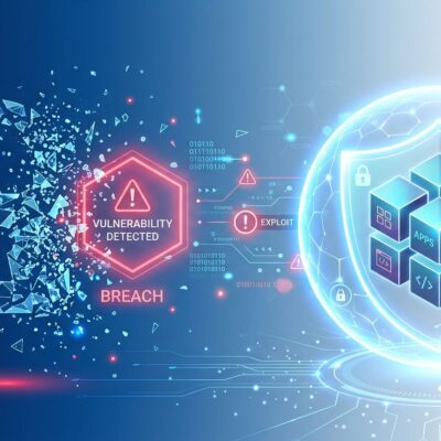 Abstract visualization of container security breach showing protected and vulnerable containers with digital particles representing CVE-2026-31431 Copy Fail vulnerability