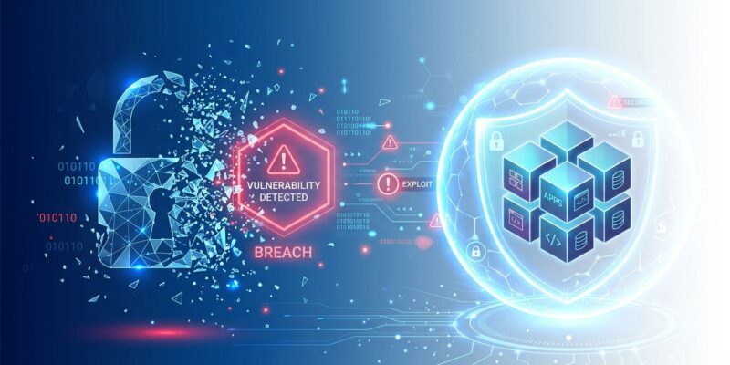 Abstract visualization of container security breach showing protected and vulnerable containers with digital particles representing CVE-2026-31431 Copy Fail vulnerability