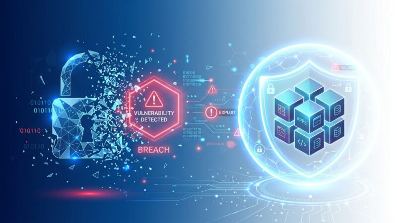 Abstract visualization of container security breach showing protected and vulnerable containers with digital particles representing CVE-2026-31431 Copy Fail vulnerability