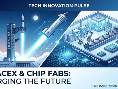 SpaceX Terafab semiconductor chip factory illustration with rocket and microchip