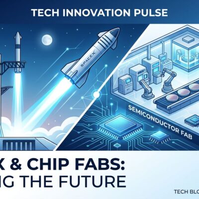 SpaceX Terafab semiconductor chip factory illustration with rocket and microchip