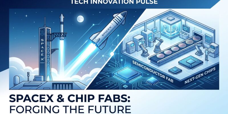 SpaceX Terafab semiconductor chip factory illustration with rocket and microchip