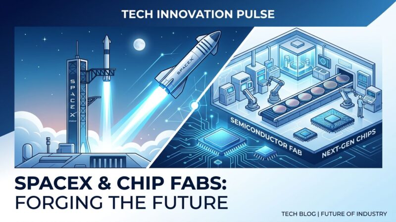 SpaceX Terafab semiconductor chip factory illustration with rocket and microchip