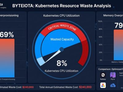 Data visualization showing Kubernetes clusters running at only 8% CPU utilization with massive waste, comparing against PaaS platforms