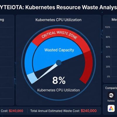 Data visualization showing Kubernetes clusters running at only 8% CPU utilization with massive waste, comparing against PaaS platforms