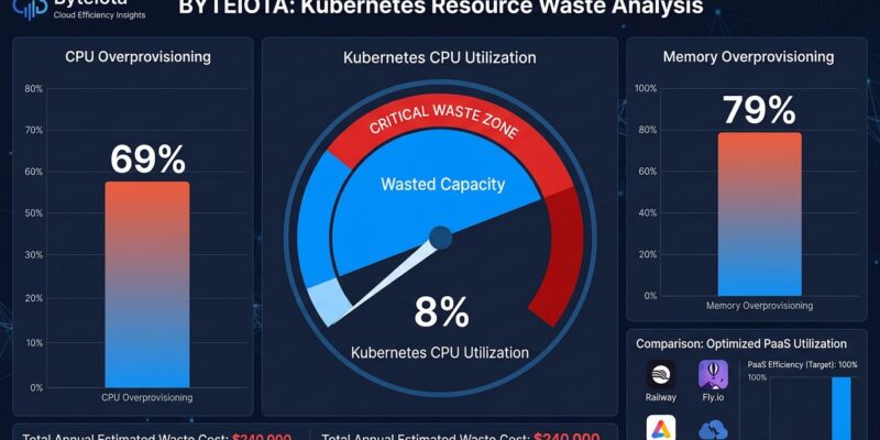 Data visualization showing Kubernetes clusters running at only 8% CPU utilization with massive waste, comparing against PaaS platforms