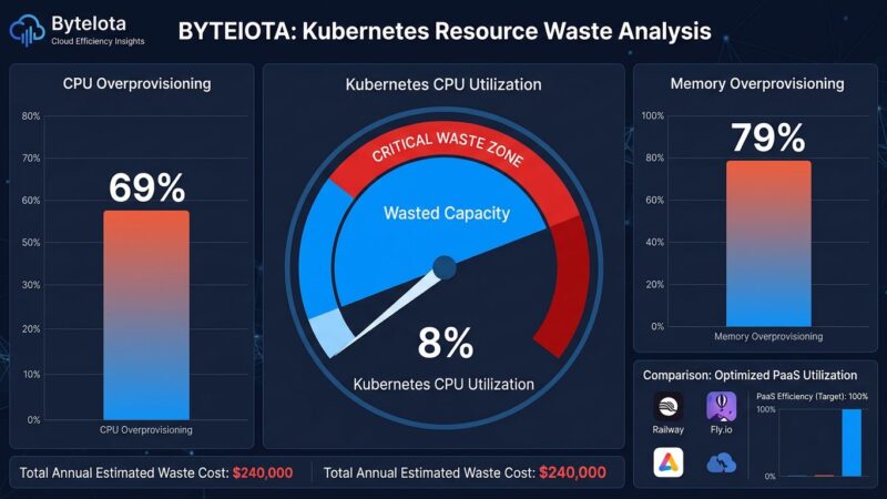 Data visualization showing Kubernetes clusters running at only 8% CPU utilization with massive waste, comparing against PaaS platforms