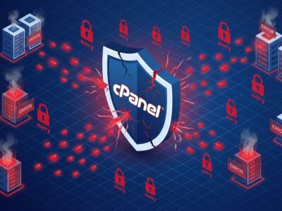 Isometric 3D visualization of cPanel servers under ransomware attack with lock icons and malware particles