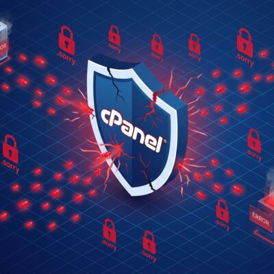 Isometric 3D visualization of cPanel servers under ransomware attack with lock icons and malware particles
