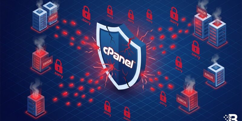 Isometric 3D visualization of cPanel servers under ransomware attack with lock icons and malware particles