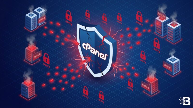Isometric 3D visualization of cPanel servers under ransomware attack with lock icons and malware particles
