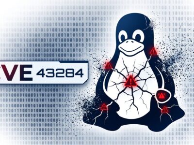 Linux kernel security vulnerability illustration with cracked penguin logo and CVE-2026-43284 warning symbols