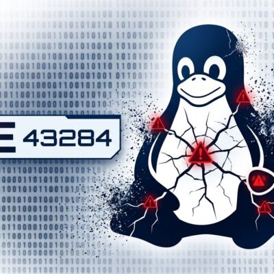 Linux kernel security vulnerability illustration with cracked penguin logo and CVE-2026-43284 warning symbols