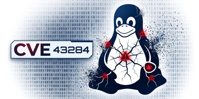 Linux kernel security vulnerability illustration with cracked penguin logo and CVE-2026-43284 warning symbols