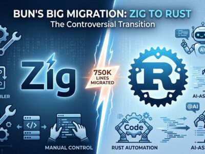 Split-screen visualization of Bun's migration from Zig to Rust, showing the controversial AI-driven language transition