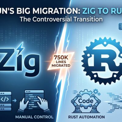Split-screen visualization of Bun's migration from Zig to Rust, showing the controversial AI-driven language transition