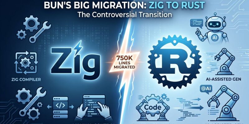 Split-screen visualization of Bun's migration from Zig to Rust, showing the controversial AI-driven language transition