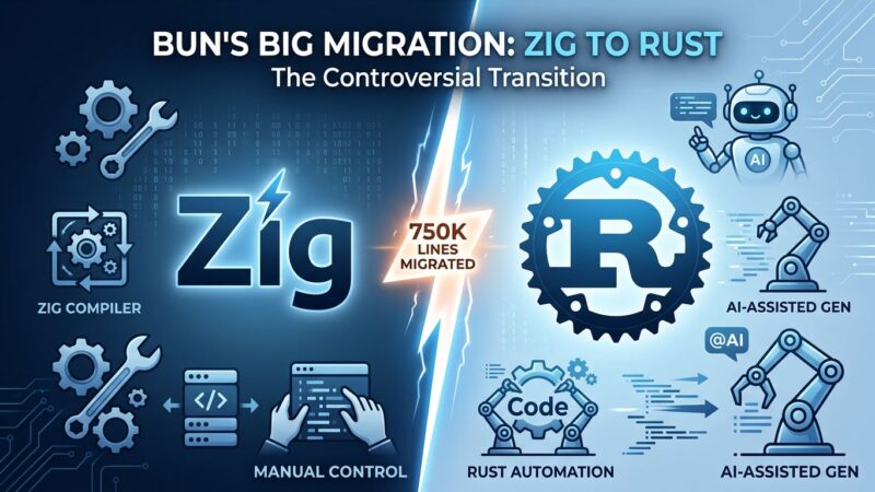 Split-screen visualization of Bun's migration from Zig to Rust, showing the controversial AI-driven language transition