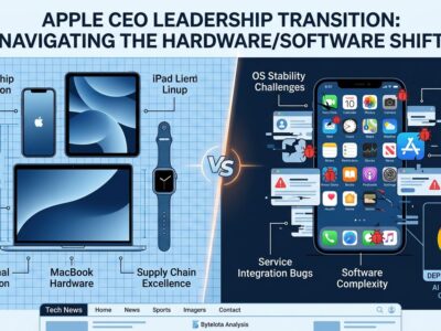 Split-screen showing Apple hardware products on left and software crisis on right, representing tension between hardware CEO appointment and software quality issues