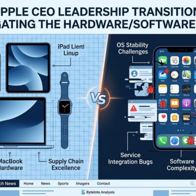 Split-screen showing Apple hardware products on left and software crisis on right, representing tension between hardware CEO appointment and software quality issues