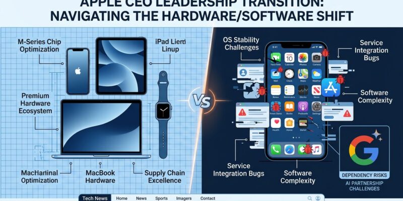 Split-screen showing Apple hardware products on left and software crisis on right, representing tension between hardware CEO appointment and software quality issues