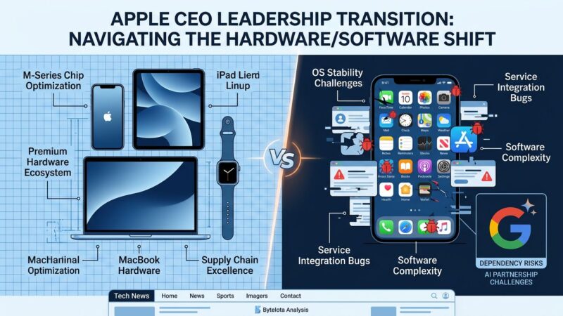Split-screen showing Apple hardware products on left and software crisis on right, representing tension between hardware CEO appointment and software quality issues