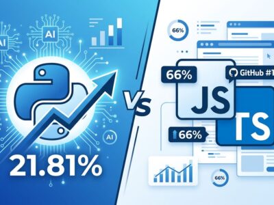 Split-screen comparison showing Python ranking versus JavaScript and TypeScript